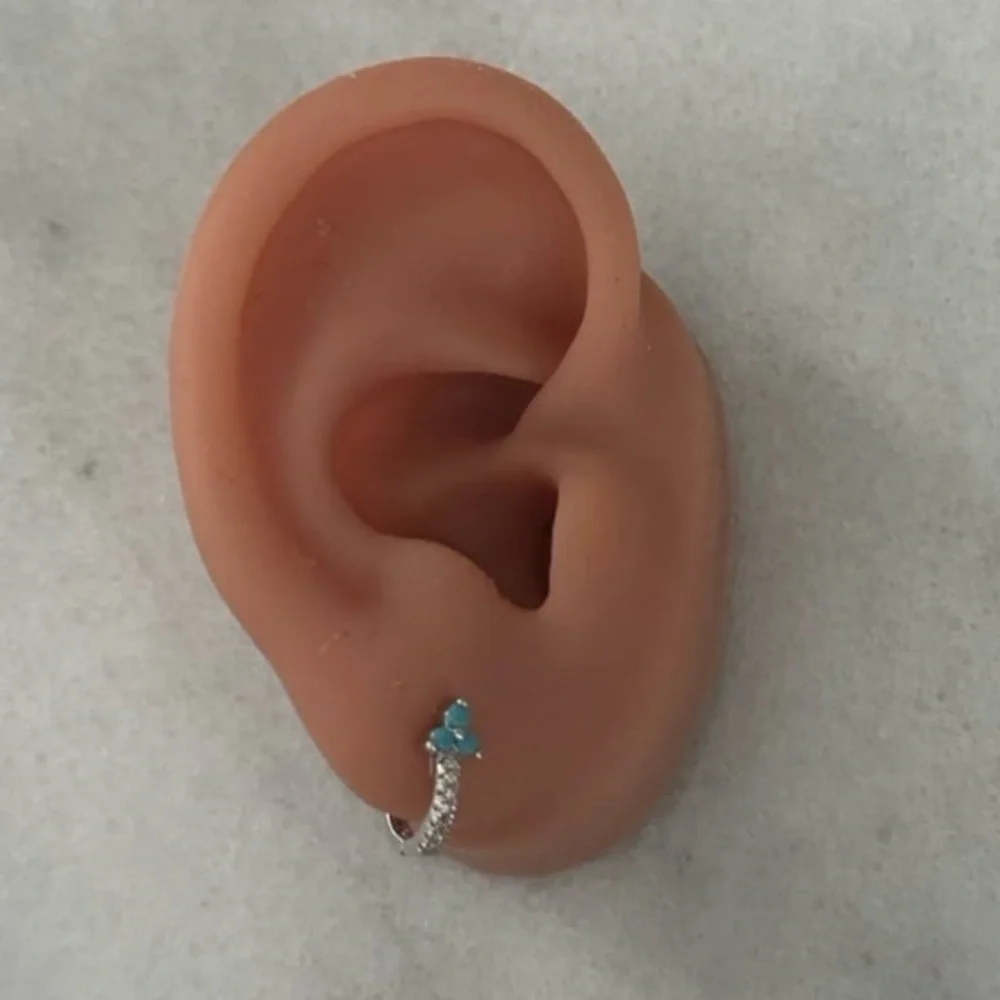 Sterling Silver Crystal Turquoise Flower Huggie Hoop Mini Earrings